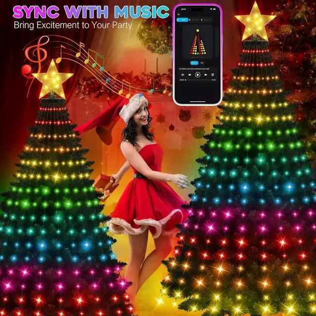Alt view image 4 of 7 - Smart Ring Christmas Tree Lights with Star Topper Indoor Outdoor - 7.5Ft x 20 Lines String 400 Opm LED Easy App Control Images Color Changing Timer Remote Waterproof for 7 7.5 8 Ft Xmas Trees