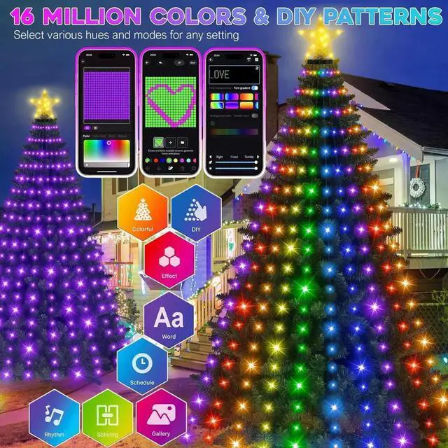 Alt view image 6 of 7 - Smart Ring Christmas Tree Lights with Star Topper Indoor Outdoor - 7.5Ft x 20 Lines String 400 Opm LED Easy App Control Images Color Changing Timer Remote Waterproof for 7 7.5 8 Ft Xmas Trees