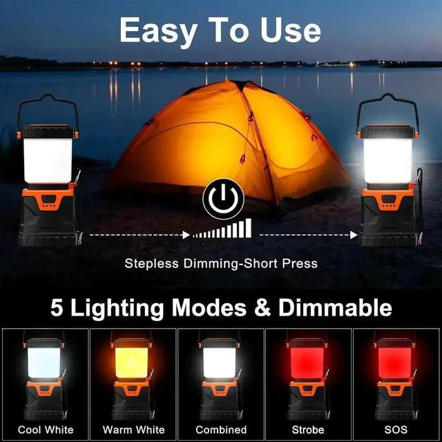 Alt view image 6 of 7 - LED Camping Lantern Rechargeable,1000LM, Easy to Carry with 5 Ligth Modes, IP44 Waterproof Battery Powered Perfect for Power Outages for Power Outages, Hiking, Campsites, Emergencies(2Pack)