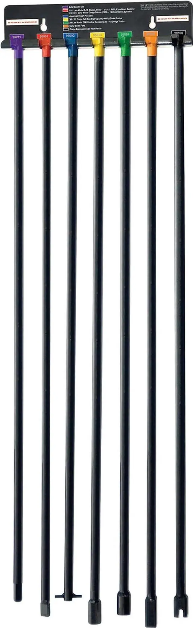 Main image of 7-Piece Spare Tire Retrieval Tool Kit, Lower and Raise Cradle-Suspended Tires, Flat, Pin, Hex, 12-mm Square, Slotted, -inch Square Heads