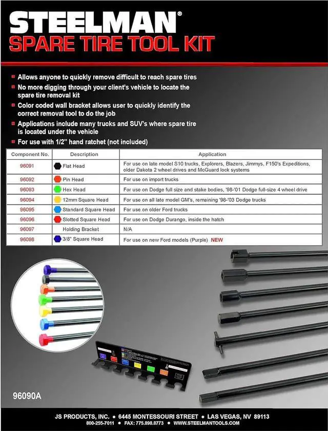 Alt view image 4 of 7 - 7-Piece Spare Tire Retrieval Tool Kit, Lower and Raise Cradle-Suspended Tires, Flat, Pin, Hex, 12-mm Square, Slotted, -inch Square Heads