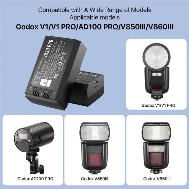 Alt view image 2 of 7 - 2 Pack 3500mAh Replace Battery Compatible with VB30 VB26 VB26A VB26B Camera Flash Speedlite Battery for V1/V1 PRO/AD100 PRO/V850III/V860IIIModel:VB30 PRO