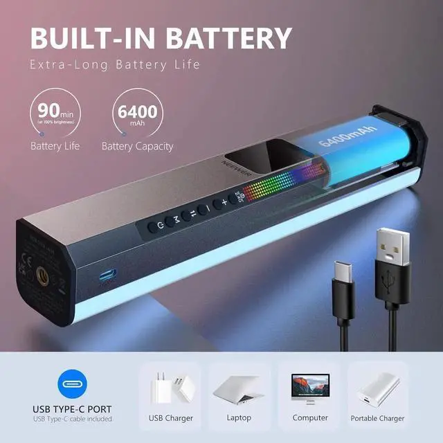 Alt view image 4 of 7 - RGB LED Video Light Stick, Touch Bar & APP Control, Magnetic Handheld Photography Lighting Wand, Dimm 3200K~5600K CRI98+ Full Color LED Light with 6400mAh Battery, 17 Scenes, RGB1
