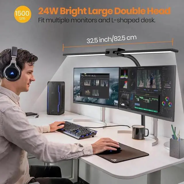 Alt view image 4 of 6 - Desk Lamp with Remote Control 32.5" Wide Double Head, Architect Desk Lamp for Home Office with Clamp, Timer, 24W Ultra Bright Gooseneck LED Desk lamp for Computer Reading