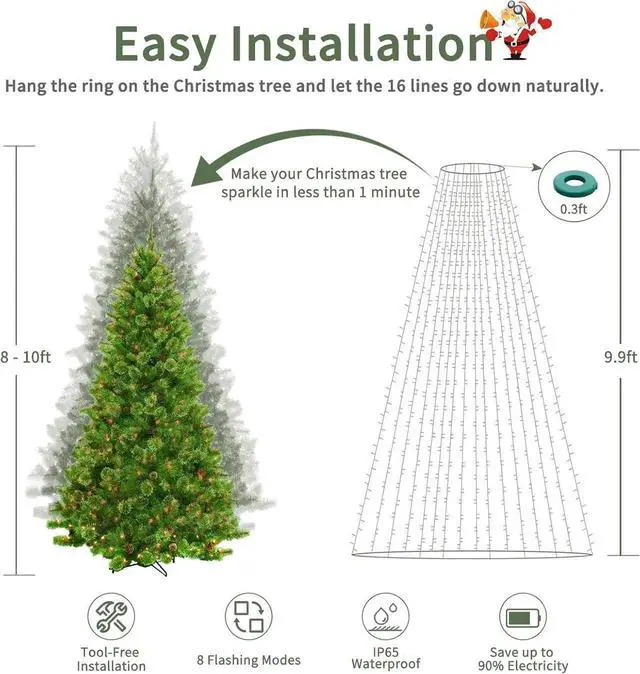 Alt view image 4 of 7 - Chrias Tree Lights with Ring,9.9Ft 16 Line 544 LED Green Wire Fairy Waterfall String Light Plug in,Dimmae Cascading Twinkle Lights with 8 Lighting Modes for Indoor Outdoor Xmas Tree(Warm White)