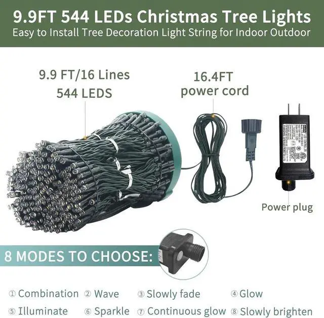 Alt view image 6 of 7 - Chrias Tree Lights with Ring,9.9Ft 16 Line 544 LED Green Wire Fairy Waterfall String Light Plug in,Dimmae Cascading Twinkle Lights with 8 Lighting Modes for Indoor Outdoor Xmas Tree(Warm White)