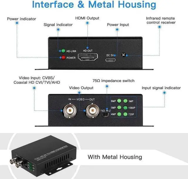 Alt view image 4 of 7 - TVI/CVI/AHD to HDMI Converter Adapter, Full HD 4K 720P/1080P/3/4/5/8 BNC to HDMI Video Converter for Monitor HDTV DVRs, Convert TVI CVI AHD CVBS BNC Video Signal to HDMI