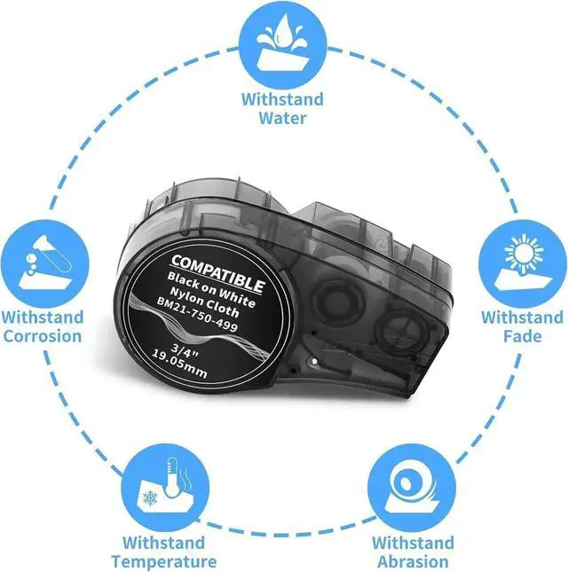 Alt view image 2 of 7 - Compatible Label Tape Replacement for M21-750-499 Black on White Nylon Cloth 3/4 Inch Label Tape, for Wire and Cable, Work with M210-, M211-, BMP21 Plus, BMP21 LAB Printer, 0.75 Inch, 4-Pack