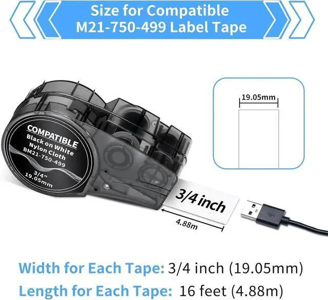 Alt view image 4 of 7 - Compatible Label Tape Replacement for M21-750-499 Black on White Nylon Cloth 3/4 Inch Label Tape, for Wire and Cable, Work with M210-, M211-, BMP21 Plus, BMP21 LAB Printer, 0.75 Inch, 4-Pack