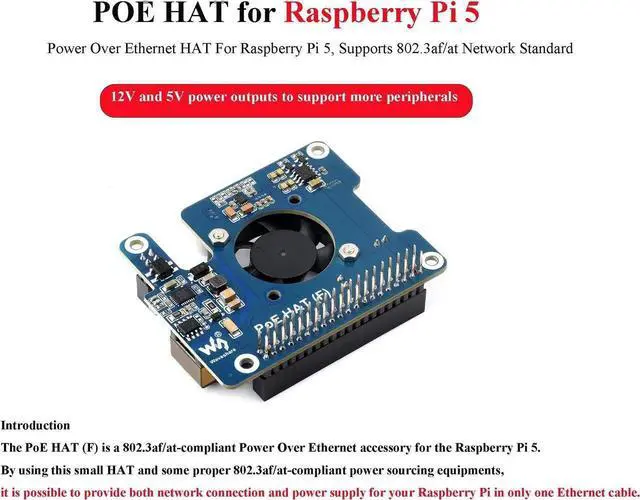 Alt view image 4 of 5 - POE HAT Board for Raspberry Pi 5, Power Over Ethernet HAT(POE) with Onboard Cooling Fan and Metal Heatsink, Supports 802.3af/at Network Standard,12V and 5V Power Outputs