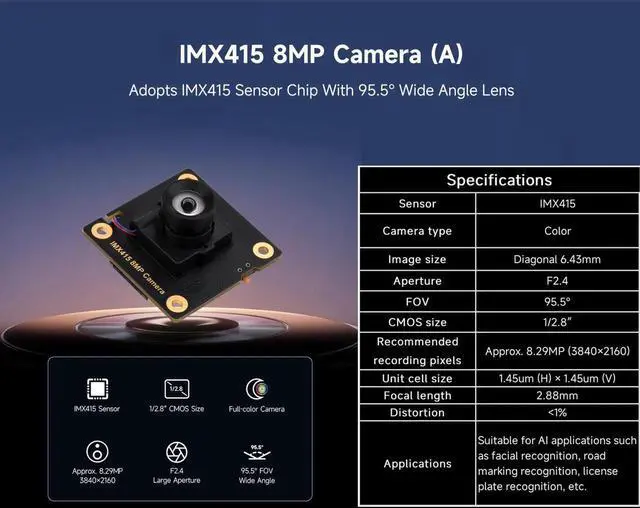 Alt view image 5 of 5 - IMX415 8MP Camera Module, Compatible with Raspberry Pi 5 / 4B+ / 3B+ / 3B/ Zero Series/Zero 2W Series Boards, Suitable for AI Applications-Facial Recognition, Road Marking Recognition, etc