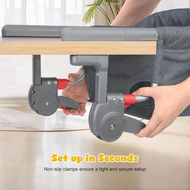 Alt view image 2 of 6 - Hook On High Chair: Portable Fast Table Chair with Storage Bag, Clip on High Chairs for Babies and Toddlers, Foldable Baby Feeding Chair with Removable Seat for Home and Travel -Grey