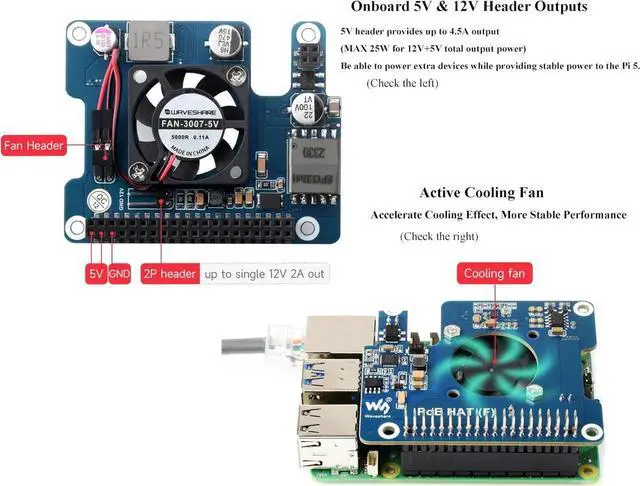 Alt view image 5 of 5 - POE HAT Board for Raspberry Pi 5, Power Over Ethernet HAT(POE) with Onboard Cooling Fan and Metal Heatsink, Supports 802.3af/at Network Standard,12V and 5V Power Outputs