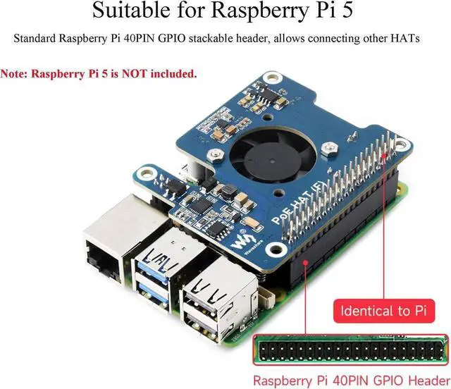 Alt view image 3 of 5 - POE HAT Board for Raspberry Pi 5, Power Over Ethernet HAT(POE) with Onboard Cooling Fan and Metal Heatsink, Supports 802.3af/at Network Standard,12V and 5V Power Outputs