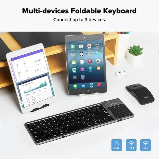Alt view image 7 of 7 - Foldae Keyboard with Touchpad and Numeric Keypad, 2.4G Wireless and uetooth, Rechargeae Portae Travel Folding Keyboard with PU Leather, for iOS Android Windows Taet (KF18)