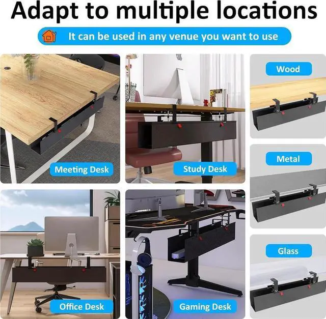 Alt view image 4 of 7 - Under Desk Cable Management Tray - Under Desk Cord Management - Clamp/Screw Mount - Fabric Wire Management - Cable Raceways Tray Cord Hiders for Office/Home (Black, 35.8"×5.6")