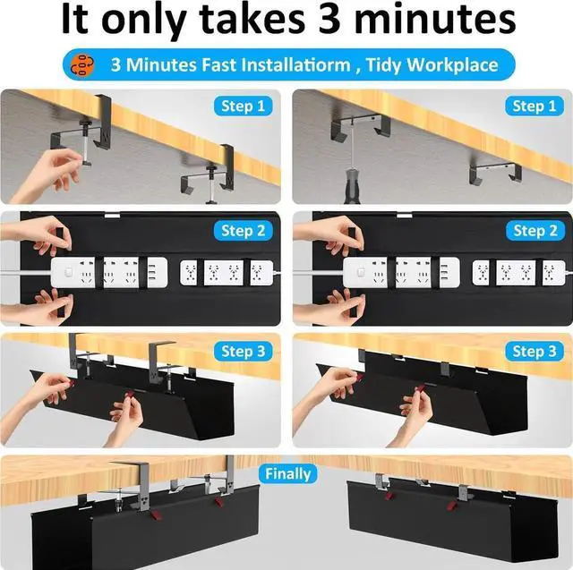 Alt view image 6 of 7 - Under Desk Cable Management Tray - Under Desk Cord Management - Clamp/Screw Mount - Fabric Wire Management - Cable Raceways Tray Cord Hiders for Office/Home (Black, 35.8"×5.6")