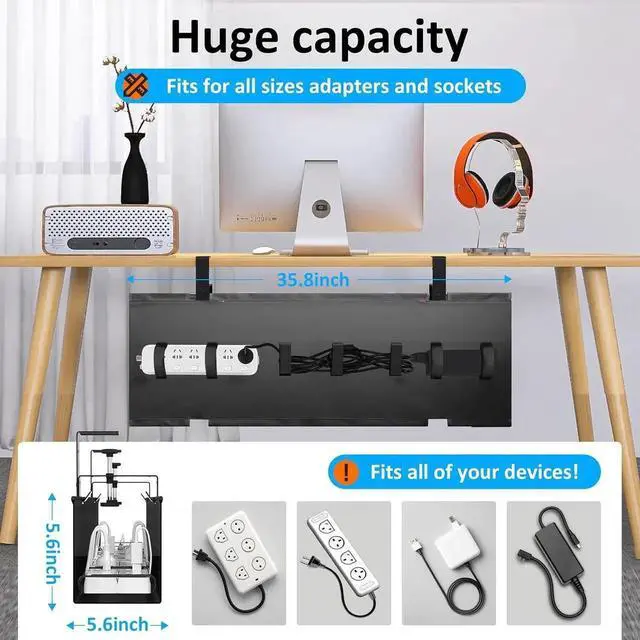 Alt view image 5 of 7 - Under Desk Cable Management Tray - Under Desk Cord Management - Clamp/Screw Mount - Fabric Wire Management - Cable Raceways Tray Cord Hiders for Office/Home (Black, 35.8"×5.6")