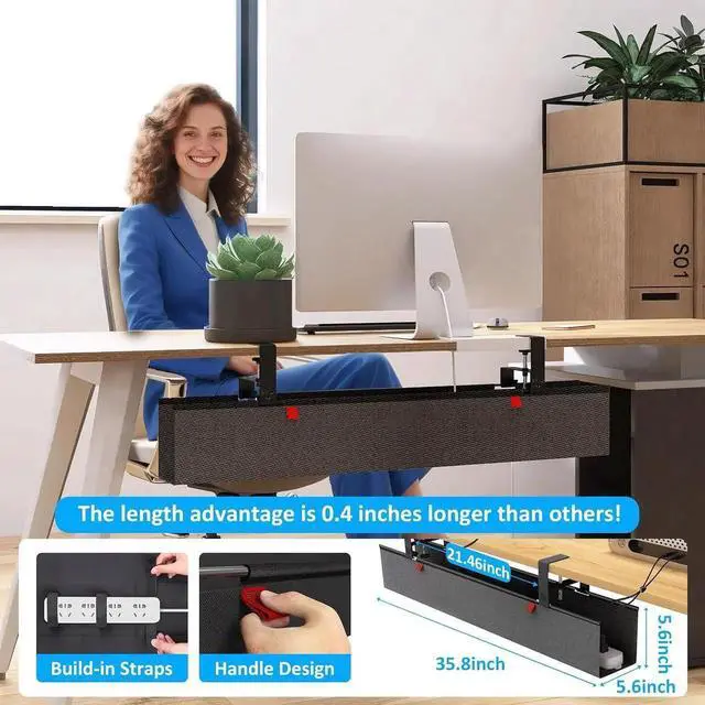 Alt view image 3 of 7 - Under Desk Cable Management Tray - Under Desk Cord Management - Clamp/Screw Mount - Fabric Wire Management - Cable Raceways Tray Cord Hiders for Office/Home (Black, 35.8"×5.6")