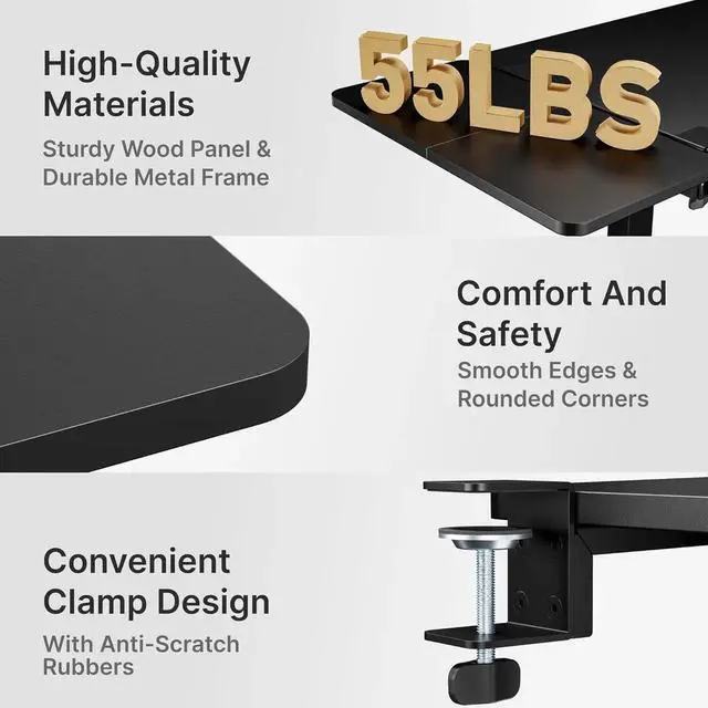 Alt view image 2 of 7 - Desk Extender Tray, 28" x 12" Clamp On Desk Shelf, Desk Extension with Laptop Holder, Table Desk Arm Rest, Clamp On Keyboard Tray for Office and Home, Workstation Organizer, Large, Black