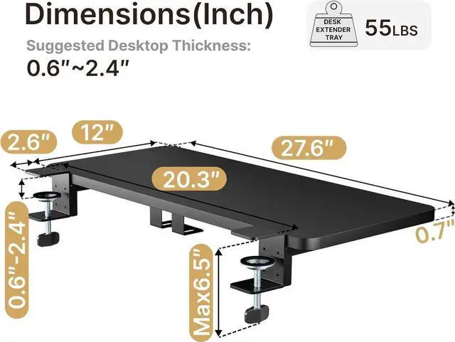 Alt view image 4 of 7 - Desk Extender Tray, 28" x 12" Clamp On Desk Shelf, Desk Extension with Laptop Holder, Table Desk Arm Rest, Clamp On Keyboard Tray for Office and Home, Workstation Organizer, Large, Black