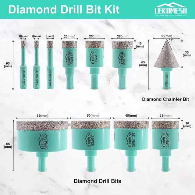 Alt view image 5 of 6 - Diamond Core Drill Bits Set 11pcs Tile Hole Saw Kit Triangle Shank(6/6/8/20/25/28/35/45/50/65mm/35mm Diamond Chamfer bits)