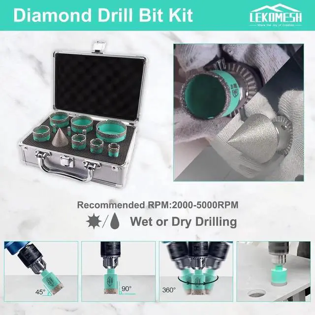 Alt view image 6 of 6 - Diamond Core Drill Bits Set 11pcs Tile Hole Saw Kit Triangle Shank(6/6/8/20/25/28/35/45/50/65mm/35mm Diamond Chamfer bits)