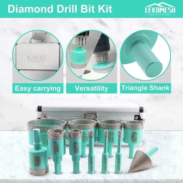 Alt view image 2 of 6 - Diamond Core Drill Bits Set 11pcs Tile Hole Saw Kit Triangle Shank(6/6/8/20/25/28/35/45/50/65mm/35mm Diamond Chamfer bits)
