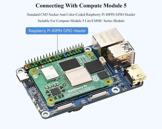 Alt view image 2 of 5 - Mini Base Board (B) Compatible with Raspberry Pi Compute Module 5, Onboard EEPROM and Encryption Chip, Compact Design with 4xUSB, Color-Coded 40PIN GPIO Header, 2xMIPI, M.2 M Key PCIe Interfaces,etc