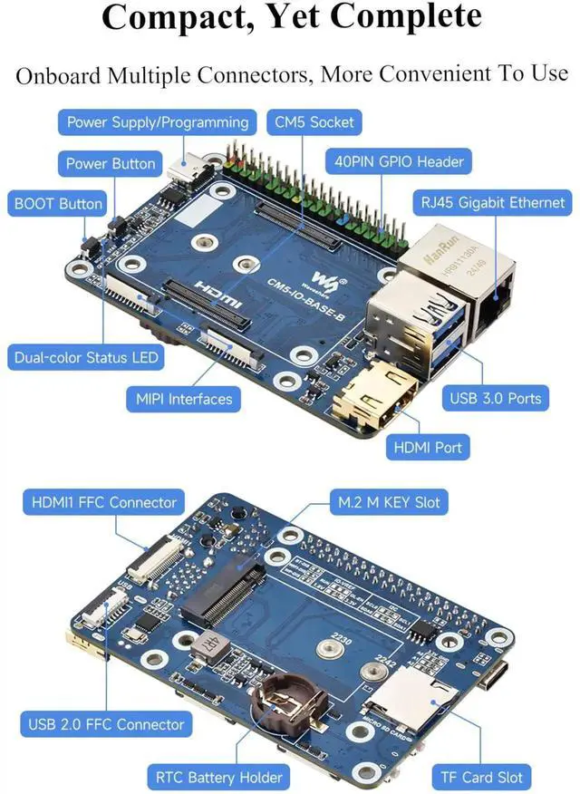 Alt view image 5 of 5 - Mini Base Board (B) Compatible with Raspberry Pi Compute Module 5, Onboard EEPROM and Encryption Chip, Compact Design with 4xUSB, Color-Coded 40PIN GPIO Header, 2xMIPI, M.2 M Key PCIe Interfaces,etc