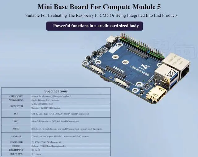 Alt view image 4 of 5 - Mini Base Board (B) Compatible with Raspberry Pi Compute Module 5, Onboard EEPROM and Encryption Chip, Compact Design with 4xUSB, Color-Coded 40PIN GPIO Header, 2xMIPI, M.2 M Key PCIe Interfaces,etc