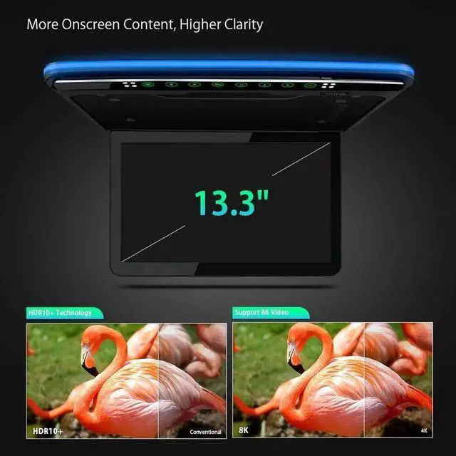 Alt view image 4 of 7 - Android Car Overhead Player 13.3 Inch Wide IPS Screen Car Roof Mount Monitor with Built-in Stereo Speakers Flip Down Overhead Car Monitor Support 8K Video, Bluetooth, WiFi, HDMI, USB, IR
