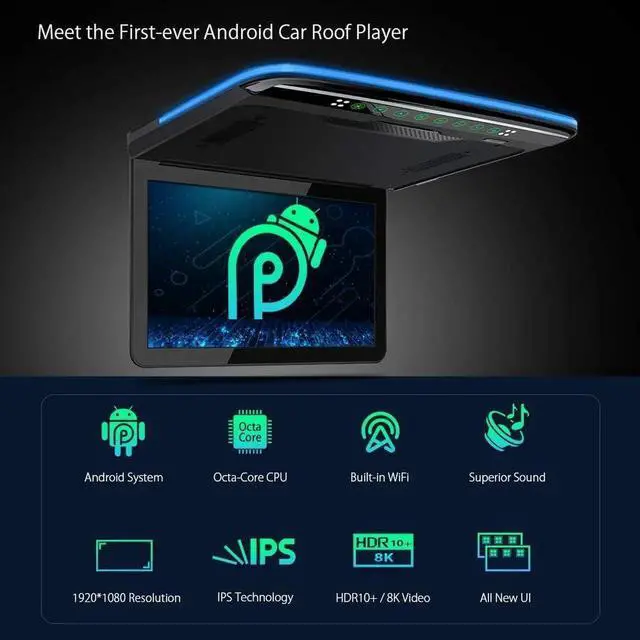 Alt view image 6 of 7 - Android Car Overhead Player 13.3 Inch Wide IPS Screen Car Roof Mount Monitor with Built-in Stereo Speakers Flip Down Overhead Car Monitor Support 8K Video, Bluetooth, WiFi, HDMI, USB, IR