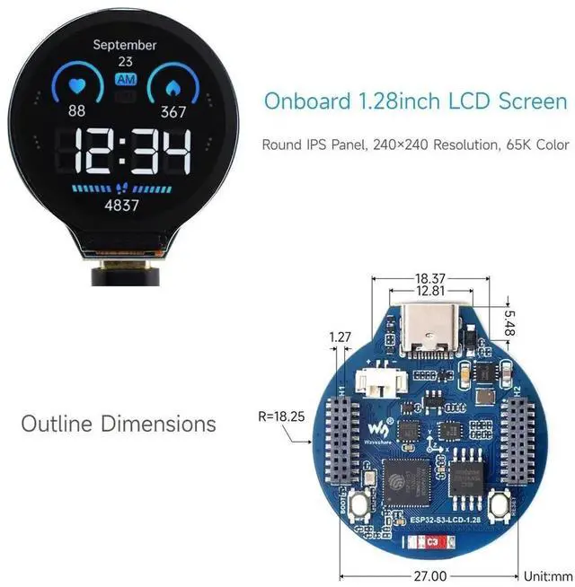 Alt view image 5 of 5 - Waveshare ESP32-S3 Development Board, 32-Bit LX7 Dual-Core Processor, Integrates GC9A01 Display Driver Chip, with 1.28inch IPS Round LCD, 240×240 Resolution, Supports WiFi/Bluetooth