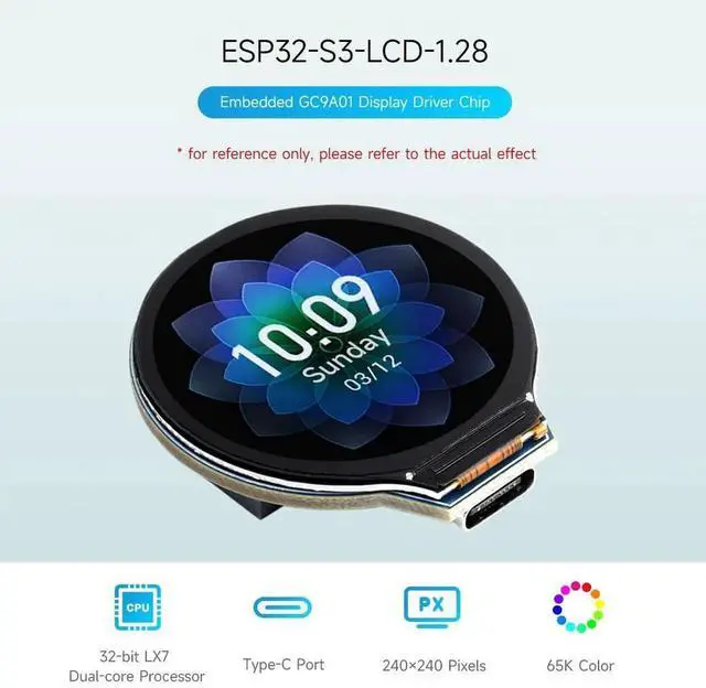 Alt view image 3 of 5 - Waveshare ESP32-S3 Development Board, 32-Bit LX7 Dual-Core Processor, Integrates GC9A01 Display Driver Chip, with 1.28inch IPS Round LCD, 240×240 Resolution, Supports WiFi/Bluetooth