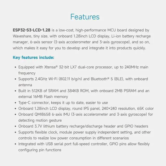 Alt view image 2 of 5 - Waveshare ESP32-S3 Development Board, 32-Bit LX7 Dual-Core Processor, Integrates GC9A01 Display Driver Chip, with 1.28inch IPS Round LCD, 240×240 Resolution, Supports WiFi/Bluetooth