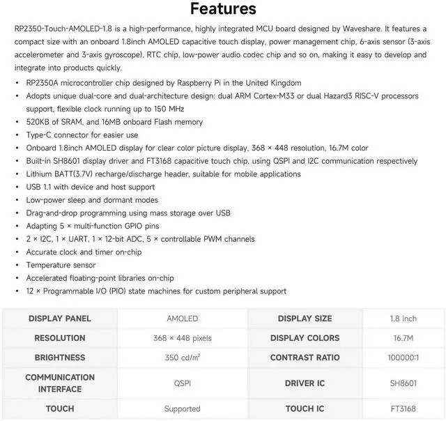 Alt view image 3 of 5 - Waveshare RP2350 1.8inch AMOLED Touch Display Development Board, 368×448 Pixels, Low Power Touchscreen, QSPI Interface, Dual-core & Dual-Architecture Design, Accelerometer and Gyroscope Sensor