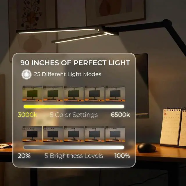 Alt view image 7 of 7 - LED Desk Lamp, Anti Eyestrain with Blue Light Blocking Glasses Included, 3000K-6500K with Clamp, Architect Style Swing Arm, Wide Monitor Computer Light for Home Office Gift