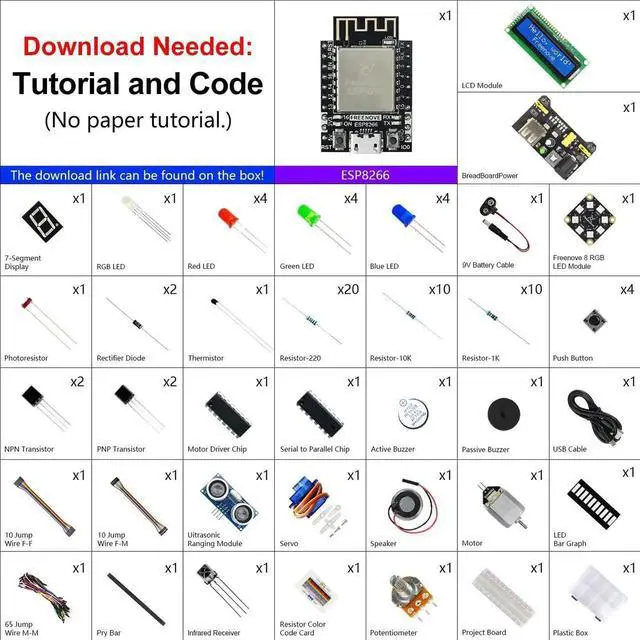 Alt view image 2 of 5 - Freenove Super Starter Kit for ESP8266 (Included), 32-bit 160 MHz Mini Microcontroller, Onboard Wi-Fi, Python C Code, 497-Page Detailed Tutorial, 173 Items, 77 Projects