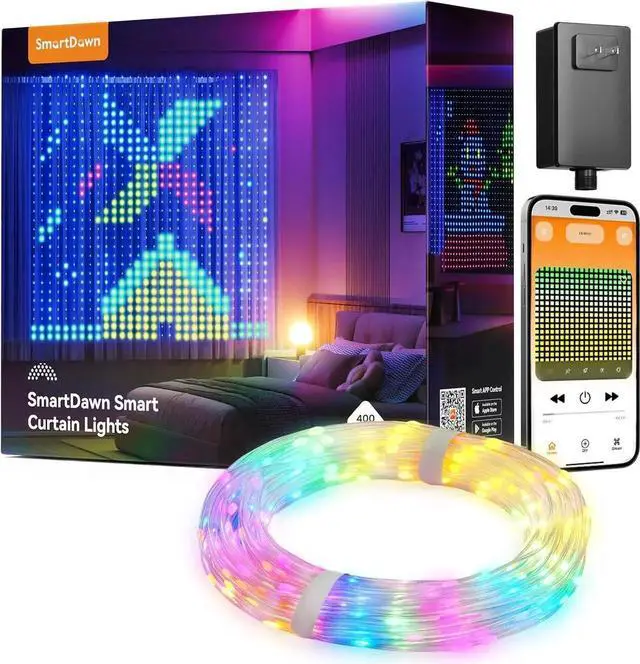 Main image of 400 RGBIC LEDs Smart Curtain Lights with DIY GIF, 6.6x6.6ft Color Changing Holiday Wall Lights with APP, IP65 Waterproof Chrias String Fairy Lights for Indoor Outdoor Bedroom Window