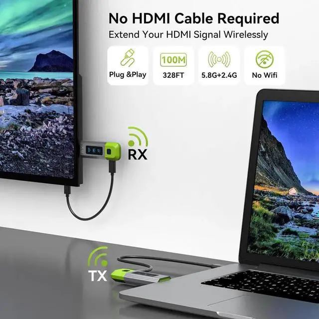 Alt view image 5 of 7 - Wireless HDMI Transmitter and Receiver 328FT/100M Support 4K Decode 1080P@60Hz HD Video Output,Plug&Play 2.4G+5.8G Wireless HDMI Extender for Video and Audio to Monitor from PC/Projector/TVBox