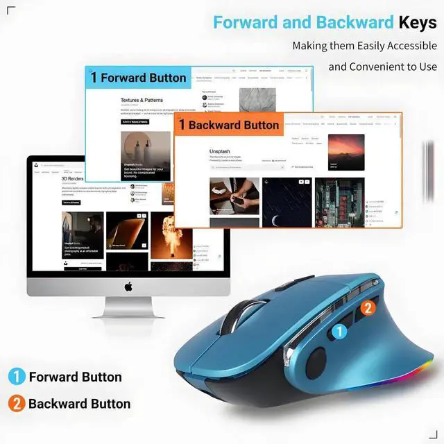 Alt view image 4 of 5 - Ergonomic Mouse Jiggler,Bluetooth Vertical Wireless Mouse,LED Rechargeable Optical Computer Mice, Portable(BT5.2 or USB 2.4GHz) Dual Mode,1000/1600/2400 DPI,8 Buttons for Laptop,PC,Macbook (Blue)