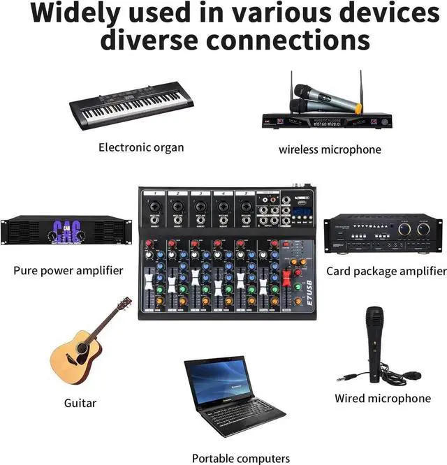 Alt view image 2 of 7 - Dj Mixers 7 Channel Audio Mixer Sound Board with Bluetooth, Usb Audio Interface with 48V Phantom Power Sounds Mixer Board with FX Reverb Delay Effect for Streaming