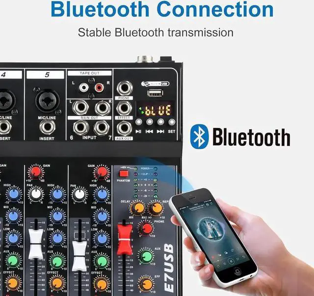 Alt view image 5 of 7 - Dj Mixers 7 Channel Audio Mixer Sound Board with Bluetooth, Usb Audio Interface with 48V Phantom Power Sounds Mixer Board with FX Reverb Delay Effect for Streaming