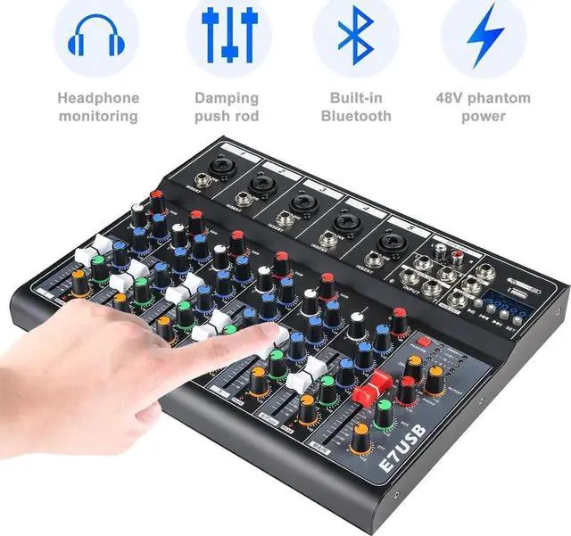 Alt view image 3 of 7 - Dj Mixers 7 Channel Audio Mixer Sound Board with Bluetooth, Usb Audio Interface with 48V Phantom Power Sounds Mixer Board with FX Reverb Delay Effect for Streaming