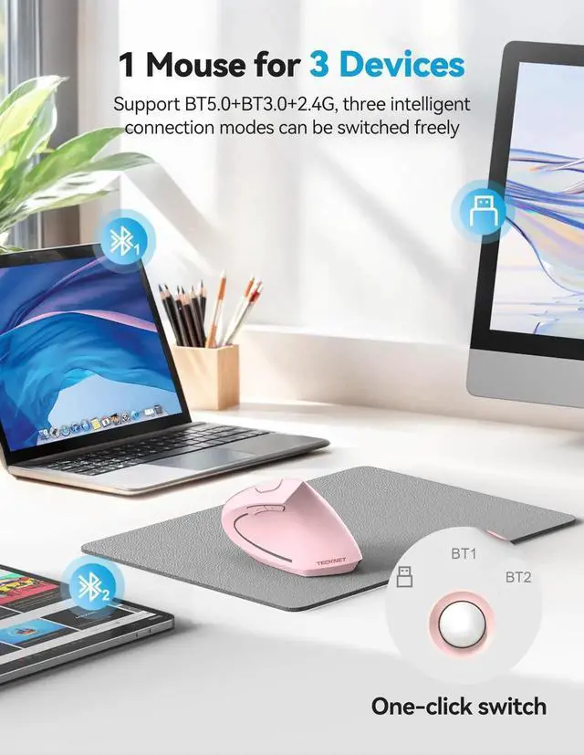 Alt view image 4 of 5 - TECKNET Ergonomic Mouse, Rechargeable 2.4G+Bluetooth Vertical Mice 6 DPI Adjustable, Wireless Optical Carpal Tunnel Mouse Right Hand, Multi Device for Laptop, PC, Computer, MacBook, iPad - Pink