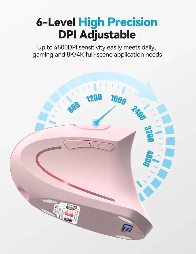 Alt view image 5 of 5 - TECKNET Ergonomic Mouse, Rechargeable 2.4G+Bluetooth Vertical Mice 6 DPI Adjustable, Wireless Optical Carpal Tunnel Mouse Right Hand, Multi Device for Laptop, PC, Computer, MacBook, iPad - Pink