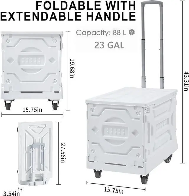 Alt view image 5 of 7 - Foldable Shopping Cart with Wheels, Collapsible Rolling Crate for Groceries, Folding Storage Box with Handle, Three Modes of Use, Ideal for Teacher, Trip, Outdoors, Etc., 23GAL, White