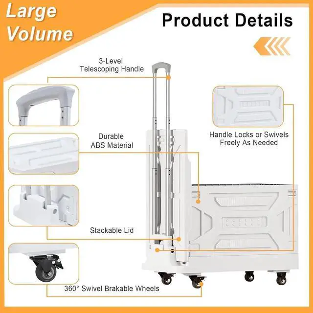Alt view image 7 of 7 - Foldable Shopping Cart with Wheels, Collapsible Rolling Crate for Groceries, Folding Storage Box with Handle, Three Modes of Use, Ideal for Teacher, Trip, Outdoors, Etc., 23GAL, White