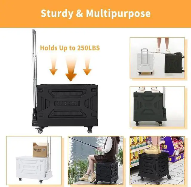 Alt view image 3 of 7 - Foldable Shopping Cart with Wheels, Collapsible Rolling Crate for Groceries, Folding Storage Box with Handle, Three Modes of Use, Ideal for Teacher, Trip, Outdoors, Etc., 23GAL, White